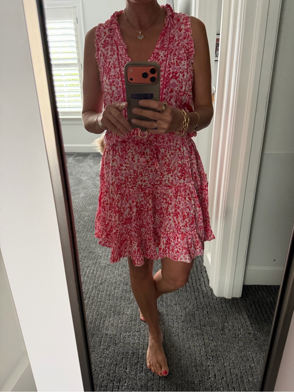 Poupette St. Barth Pink & White Floral Ruffle Tie-Waist Mini Dress
